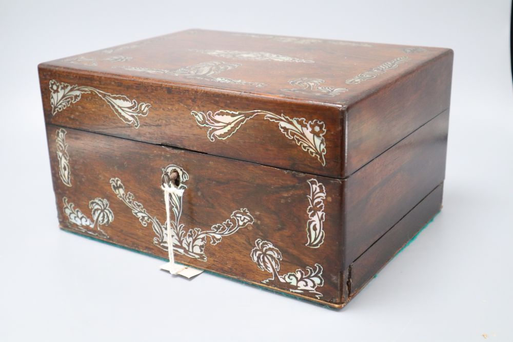 A Victorian mother of pearl inlaid rosewood toilet box, length 30cm